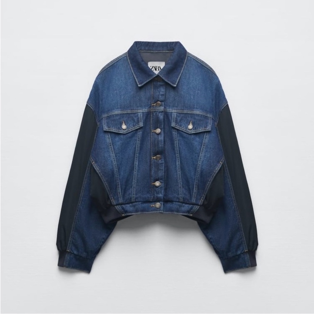 Zara Contrast Denim Bomber Jacket - Picture 8 of 9